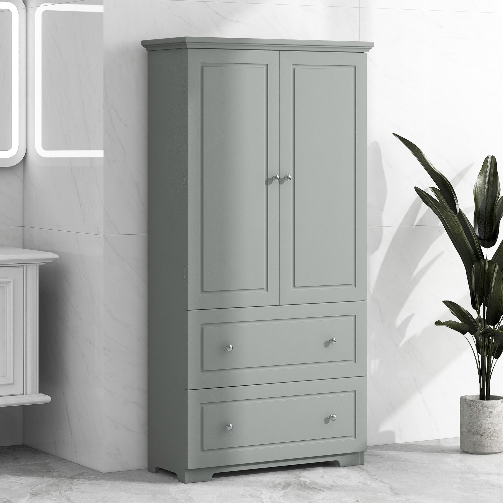 Wide Bathroom Storage Cabinet, Freestanding Storage Cabinet With Two Drawers And Adjustable Shelves, MDF Board With Paint Finish, Grey Wide Bathroom Storage Cabinet, Freestanding Storage Cabinet With Two Drawers And Adjustable Shelves, MDF Board With Paint Finish, Grey