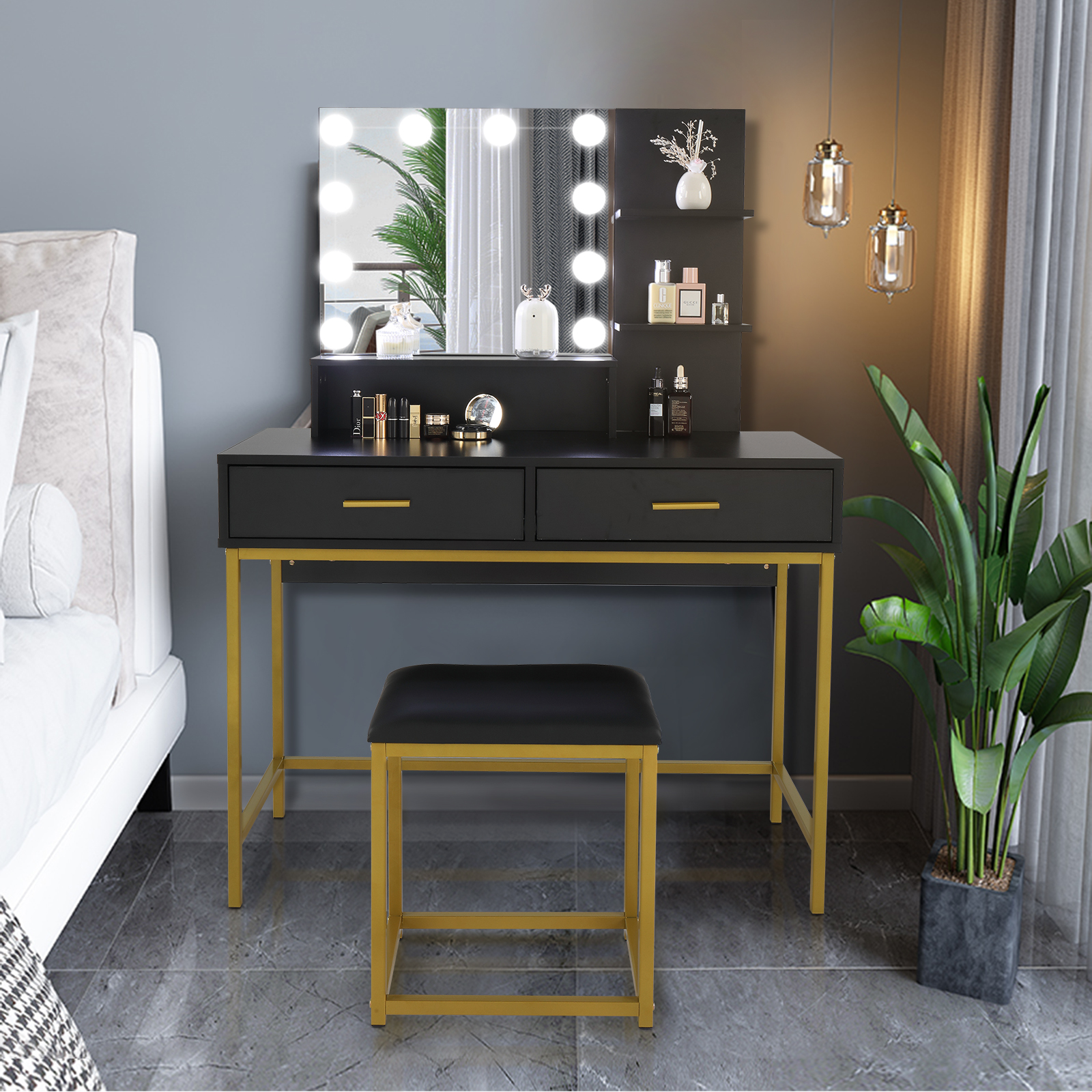 Black, Particleboard, Steel Frame, Two-drawer, Three-tier Shelf, Dressing Table Set, Three-tone Light, Light Luxury Black, Particleboard, Steel Frame, Two-drawer, Three-tier Shelf, Dressing Table Set, Three-tone Light, Light Luxury