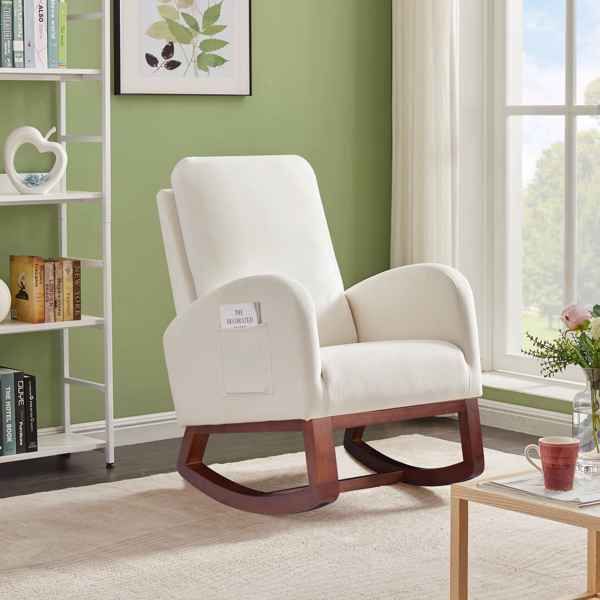 Beige, High Back Side Bag Flannelette Wood Indoor Rocking Chair, Brown Legs Beige, High Back Side Bag Flannelette Wood Indoor Rocking Chair, Brown Legs