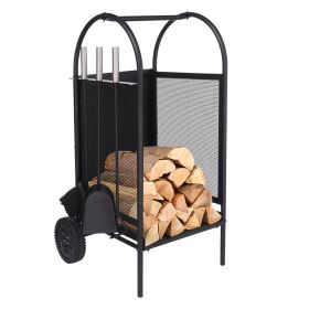 31.5''x14'' x14''Firewood Rack Log Cart with Wheels,Fireplace Log Carriers Holders with 3 Fireplace Tool Set,Black