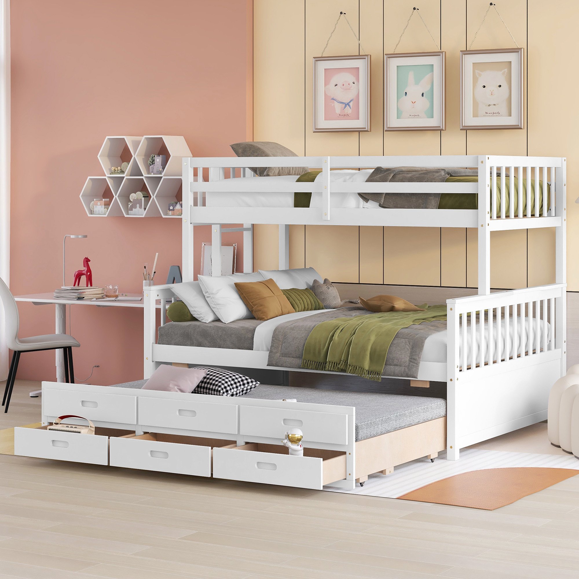 Twin-Over-Full Bunk Bed with Twin size Trundle , Separable Bunk Bed with Drawers for Bedroom - White Twin-Over-Full Bunk Bed with Twin size Trundle , Separable Bunk Bed with Drawers for Bedroom - White