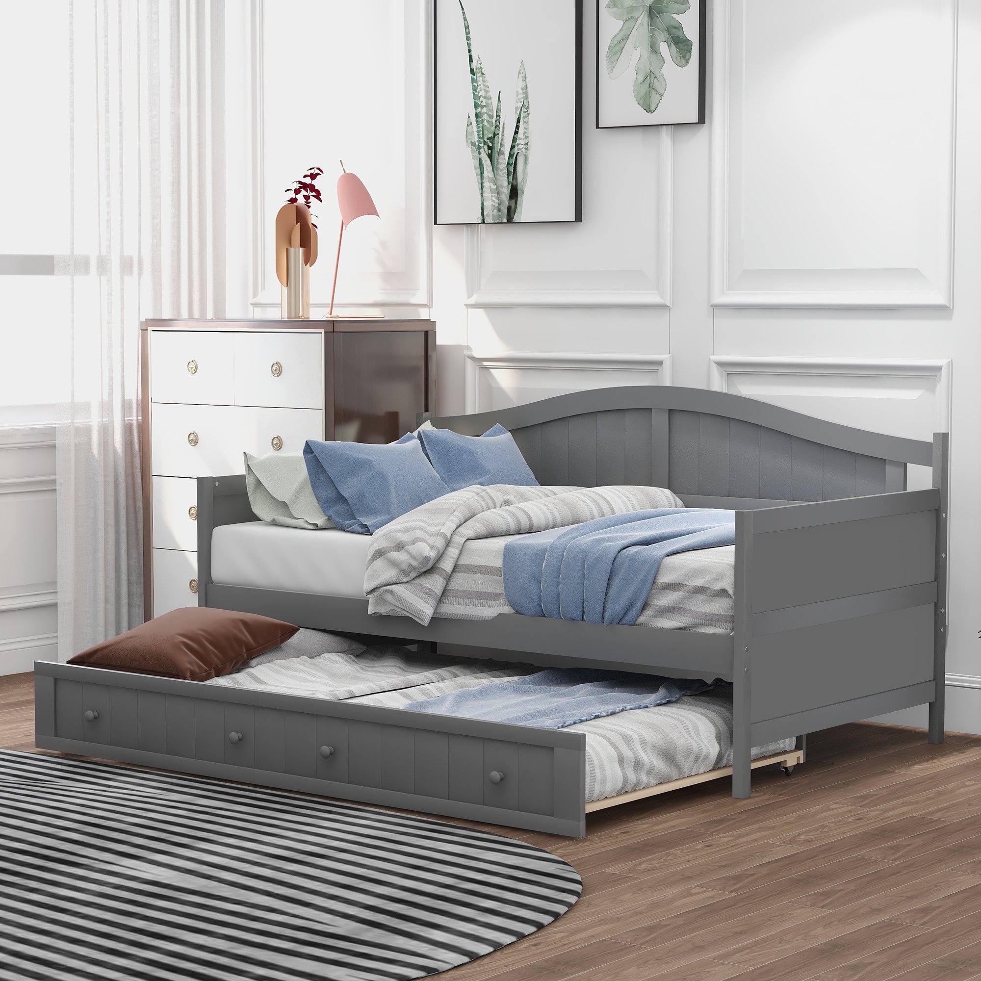 Twin Wooden Daybed with Trundle Bed, Sofa Bed for Bedroom Living Room, Gray Twin Wooden Daybed with Trundle Bed, Sofa Bed for Bedroom Living Room, Gray