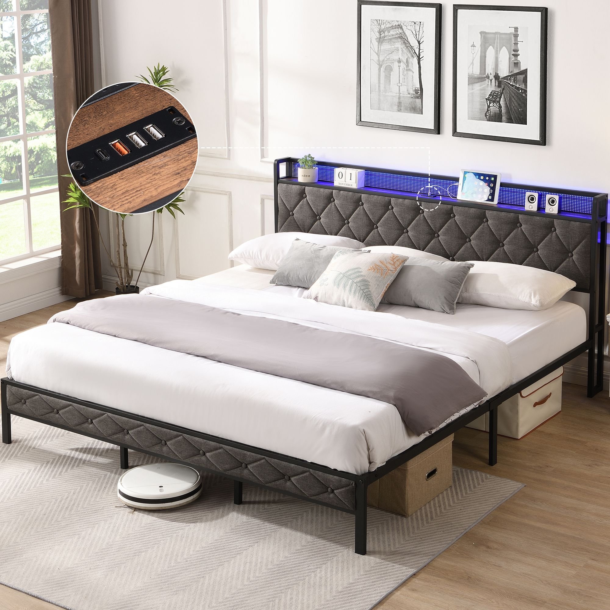 King Bed Frame with Storage Headboard, Charging Station and LED Lights, Upholstered Platform Bed with Heavy Metal Slats, No Box Spring Needed King Bed Frame with Storage Headboard, Charging Station and LED Lights, Upholstered Platform Bed with Heavy Metal Slats, No Box Spring Needed
