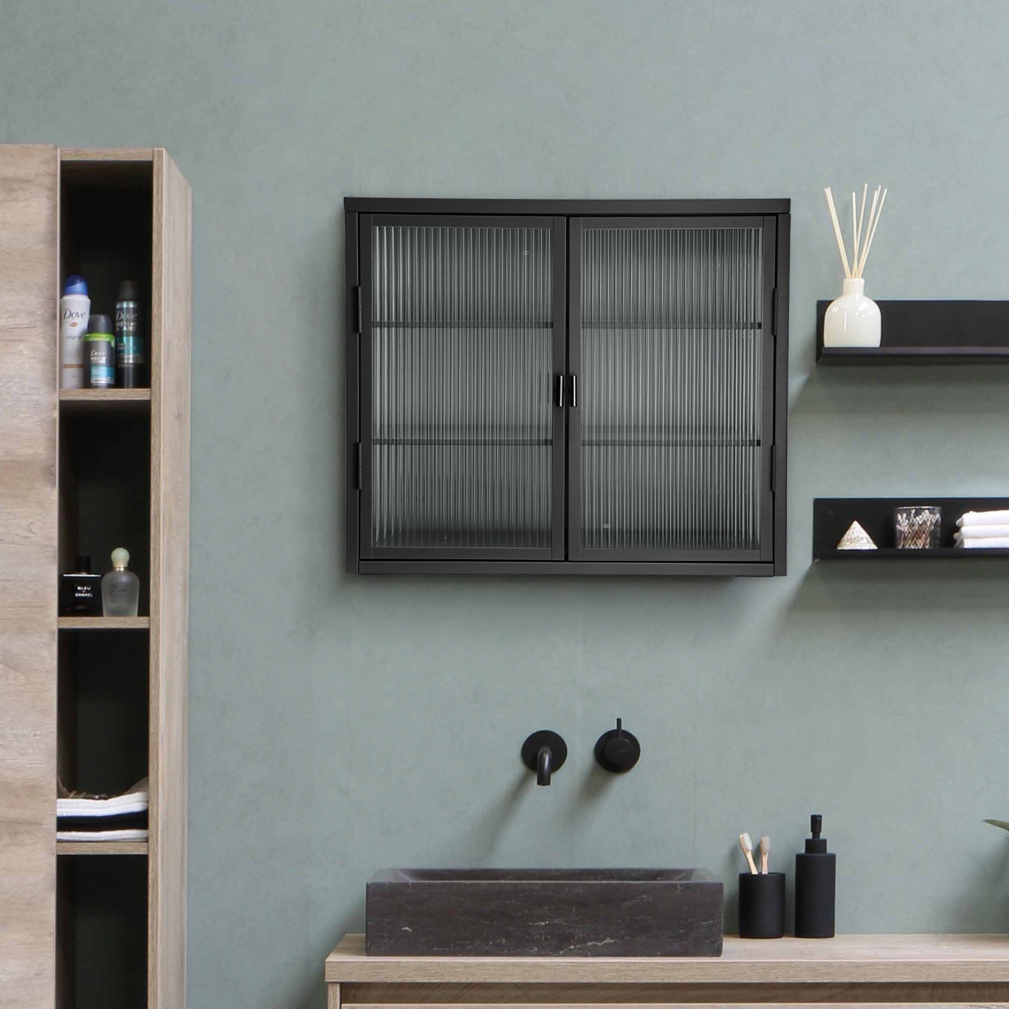 Retro Style Haze Double Glass Door Wall Cabinet With Detachable Shelves for Office, Dining Room,Living Room Retro Style Haze Double Glass Door Wall Cabinet With Detachable Shelves for Office, Dining Room,Living Room