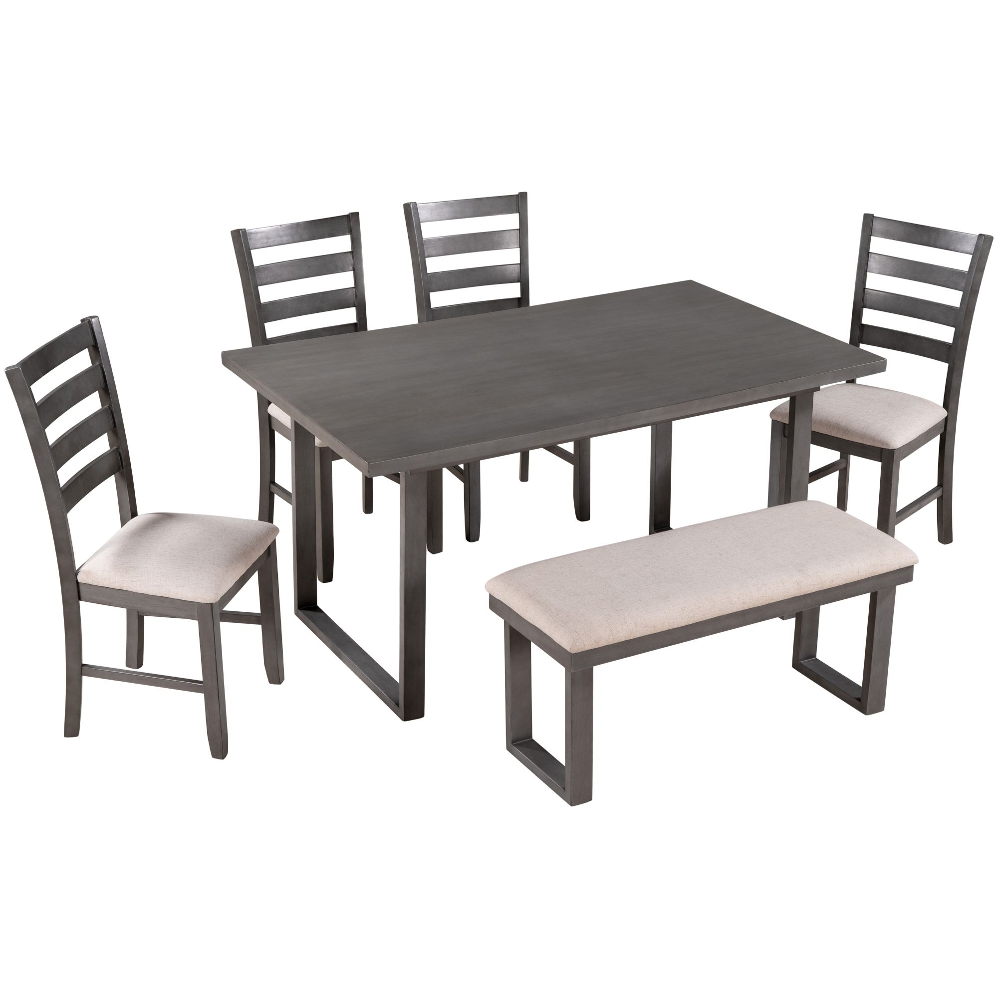 TREXM 6-Pieces Family Furniture, Solid Wood Dining Room Set with Rectangular Table & 4 Chairs with Bench(Gray) TREXM 6-Pieces Family Furniture, Solid Wood Dining Room Set with Rectangular Table & 4 Chairs with Bench(Gray)