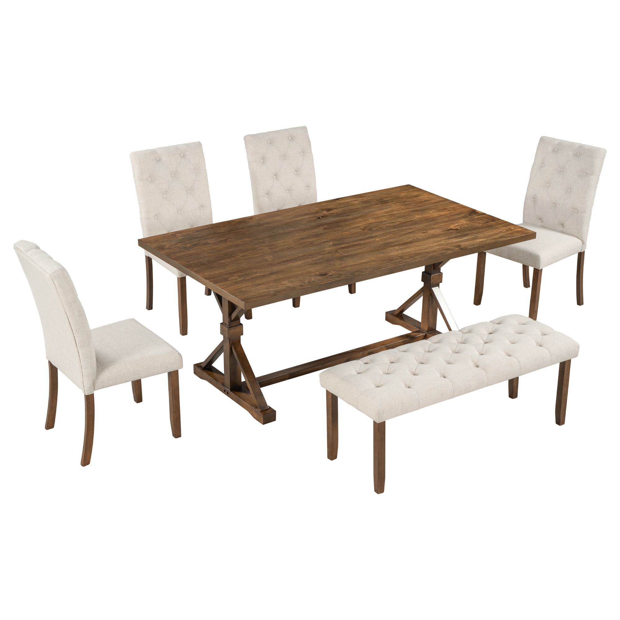 TREXM 6-Piece Farmhouse Dining Table Set 72" Wood Rectangular Table, 4 Upholstered Chairs with Bench (Walnut) TREXM 6-Piece Farmhouse Dining Table Set 72" Wood Rectangular Table, 4 Upholstered Chairs with Bench (Walnut)