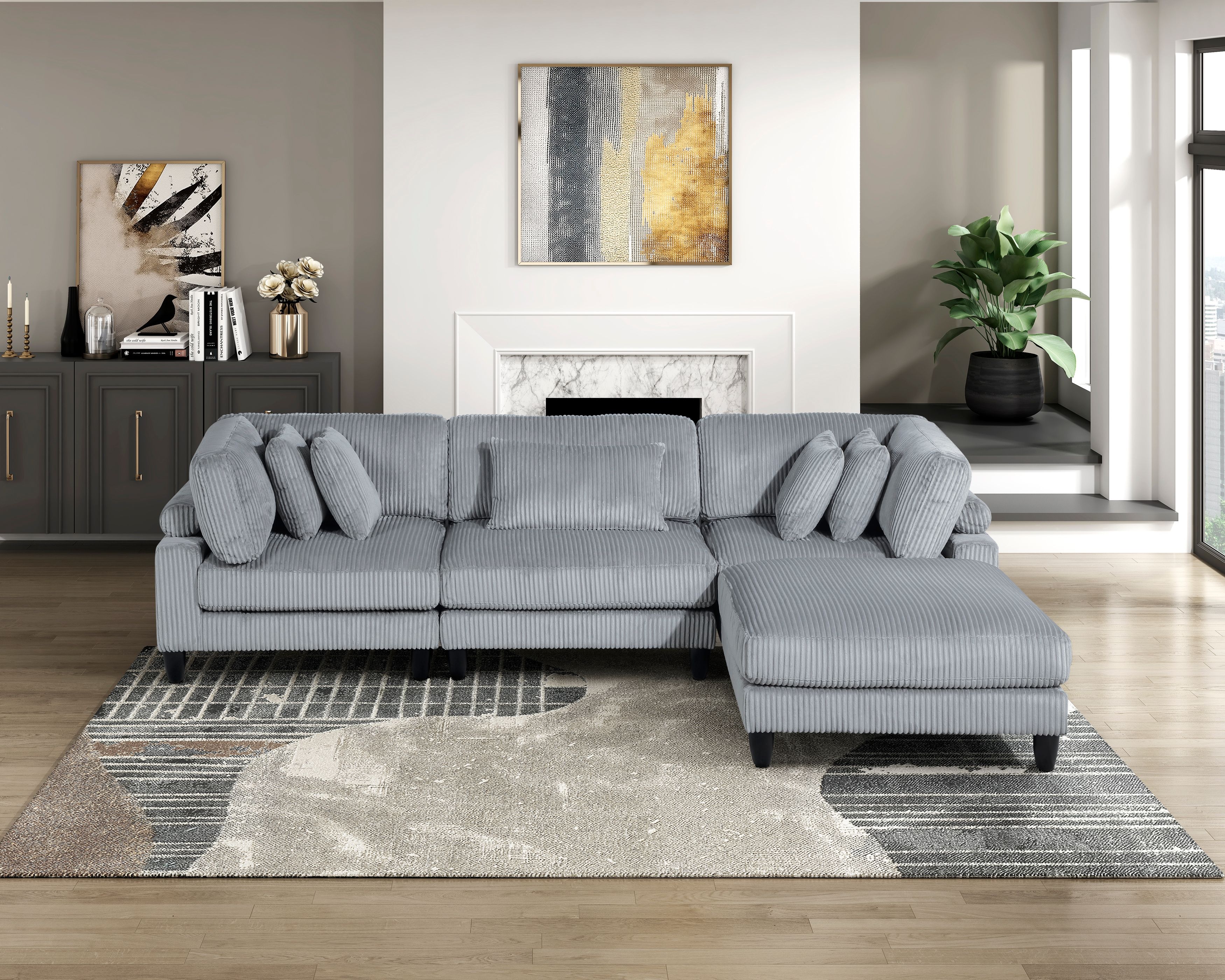 Living Room Furniture 4-Piece Modular Sectional Sofa Set Gray Corduroy Soft Cushion Pillows Solid Wood Legs Living Room Furniture 4-Piece Modular Sectional Sofa Set Gray Corduroy Soft Cushion Pillows Solid Wood Legs