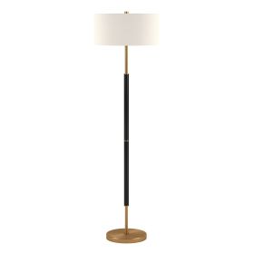 61" Black and Brass Two Light Floor Lamp With White Drum Shade
