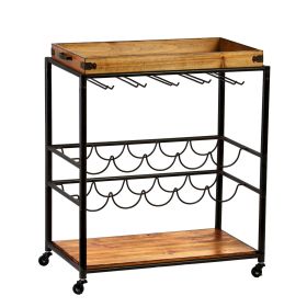 Brown and Black Metal And Solid Wood Rolling Bar Cart With Wine Storage