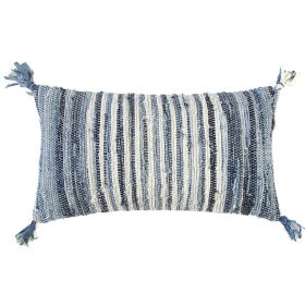 14" X 26" Denim Blue And Ivory Cotton Throw Pillow with Tassels And Texture