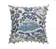20" Navy Blue And Off White Cotton Floral Throw Pillow