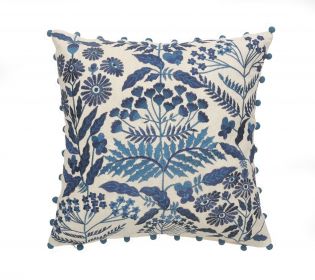 20" Navy Blue And Off White Cotton Floral Throw Pillow