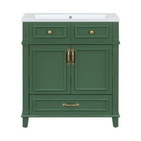 30 Inch Bathroom Vanity With Resin Sink, Solid Wood Frame Bathroom Storage Cabinet With Soft Close Door, Vintage Style, Green