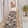 8' Ivory Brown And Black Quatrefoil Distressed Runner Rug