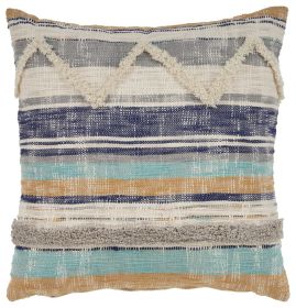 18" Beige Blue and Gray Throw Pillow