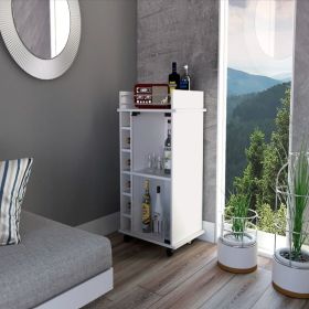 Bar Cart Baltimore, Six Wine Cubbies, Glass Door, Four Caster, Two Shelves, White Finish