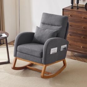 Grey Linen Rocking Chair Nursery with Thick Headrest, Upholstered Mid-Century Modern Nursing Rocker Glider with Curved Armrest