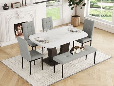 6-Piece Dining Table Set for 6, Faux Marble Table with V-shaped Legs and 4 Upholstered Chairs & Bench, Modern Dining Room Set for Kitchen, Dining Room