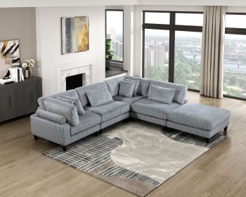 5pc Modular Sectional Set Gray Corduroy Upholstery 2x Armless Chairs 2x Corner Seats 1x Ottoman Pillows Living Room Furniture