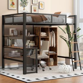 Full Size Metal Loft bed with Built-in Desk, Wardrobeand Shelves, Black(ETA:1.23)