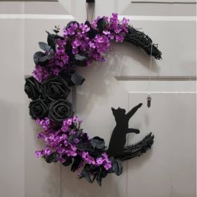 Curved Moon Cat Wreath Door Hanging Creative Halloween Simulation Plant Rattan Circle Home Decor Wall Hanging (Color: L2-8 Black Rose with Purple Flowers)
