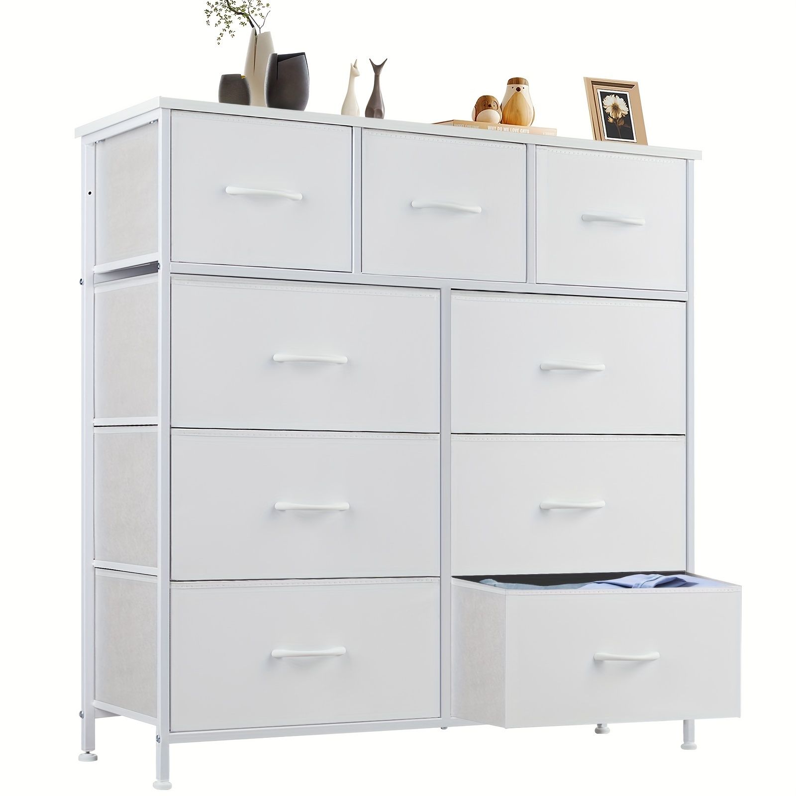 Dresser for Bedroom with 9 Fabric Drawers, Tall Chest Organizer Units for Clothing, Closet, Storage Tower with Cabinet, Metal Frame, Wooden Top Dresser for Bedroom with 9 Fabric Drawers, Tall Chest Organizer Units for Clothing, Closet, Storage Tower with Cabinet, Metal Frame, Wooden Top