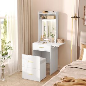 Small Vanity Desk with Mirror and Light, Dressing Table with Charging Station & Fold-up Panel for Small Space (Material: MDF,Tempered Glass, Color: White)