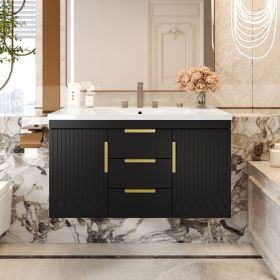 36'' Wall Mounted Bathroom Vanity with Resin Sink, Floating Bathroom Storage Cabinet with 2 Drawers, Solid Wood Bathroom Cabinet (Material: Solid Wood+MDF+Resin, Color: Black)