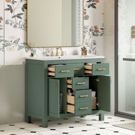 36'' Bathroon Vanity with Resin Sink Combo Set,Modern Freestanding Single Bathroom Cabinet with 4 Drawers & 2 Cabinets,Storage Cabinet for Bathroom (Material: Solid Wood+MDF+Resin, Color: Green)